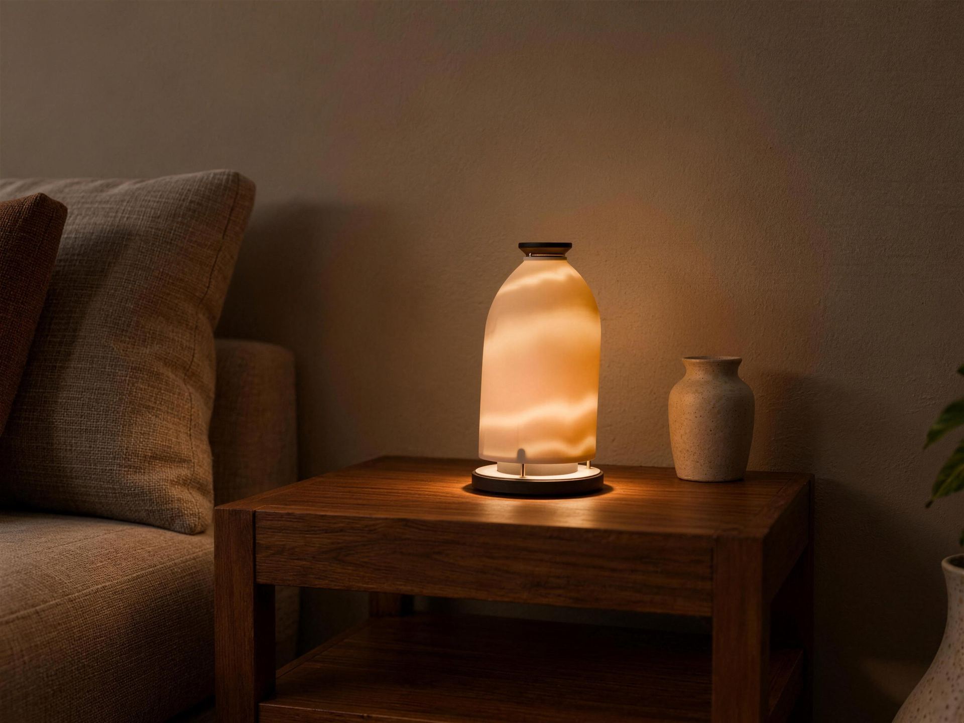 UMBRAL Menhir, ónix, encendida sobre una mesa baja de madera, junto a un sillón, de noche. Imagen generada con IA.